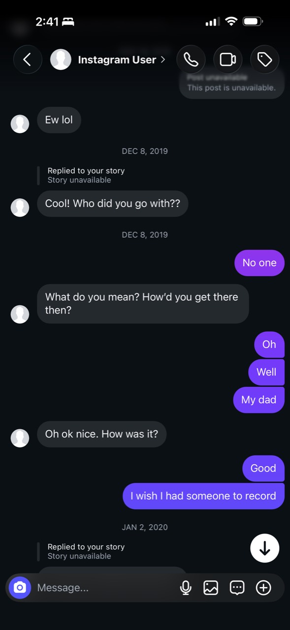 Instagram conversation about an outing, with December 8, 2019 and January 2, 2020 date dividers
