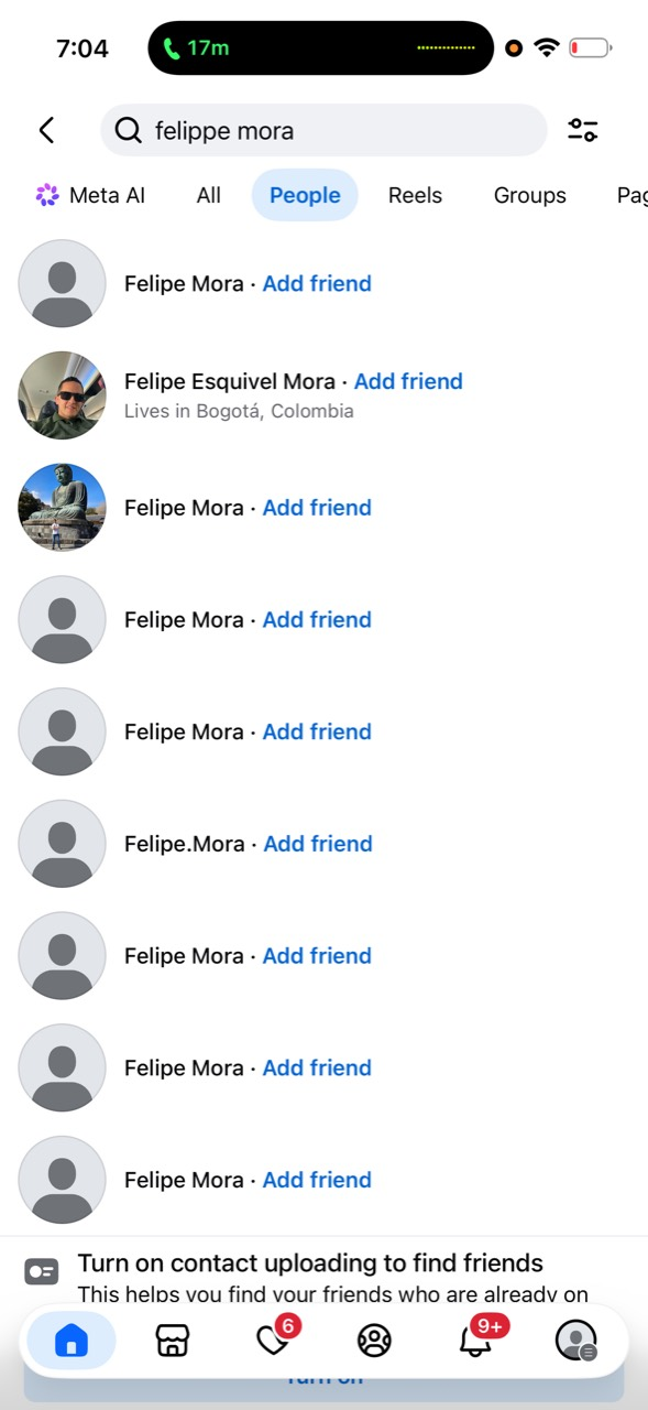 Facebook People search for felippe mora, showing multiple search results.