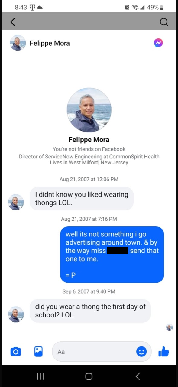Messenger exchange with displayed dates of August 21 and September 6, 2007, including two messages about underwear and a reply. One unrelated name is redacted.
