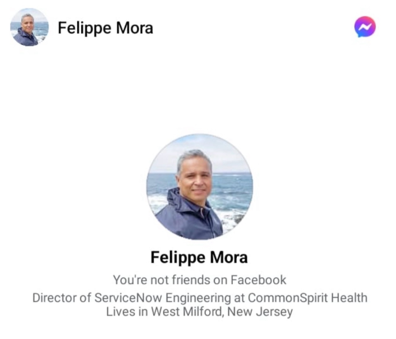 Messenger profile screen displaying the name Felippe Mora, a portrait, and profile information.