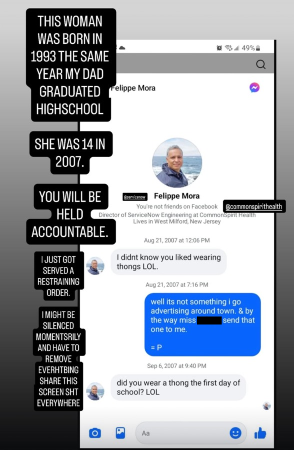 Cropped screenshot containing the Messenger exchange and the author's commentary, with one unrelated name permanently redacted.