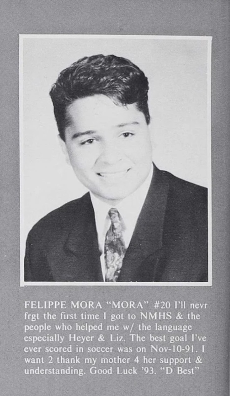 Black-and-white student portrait above printed text headed FELIPPE MORA, mentioning NMHS and ending with Good Luck ’93.