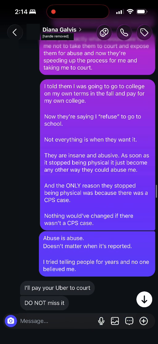 E03-10: Lucas's abuse disclosure followed by Diana's Uber-to-court replies